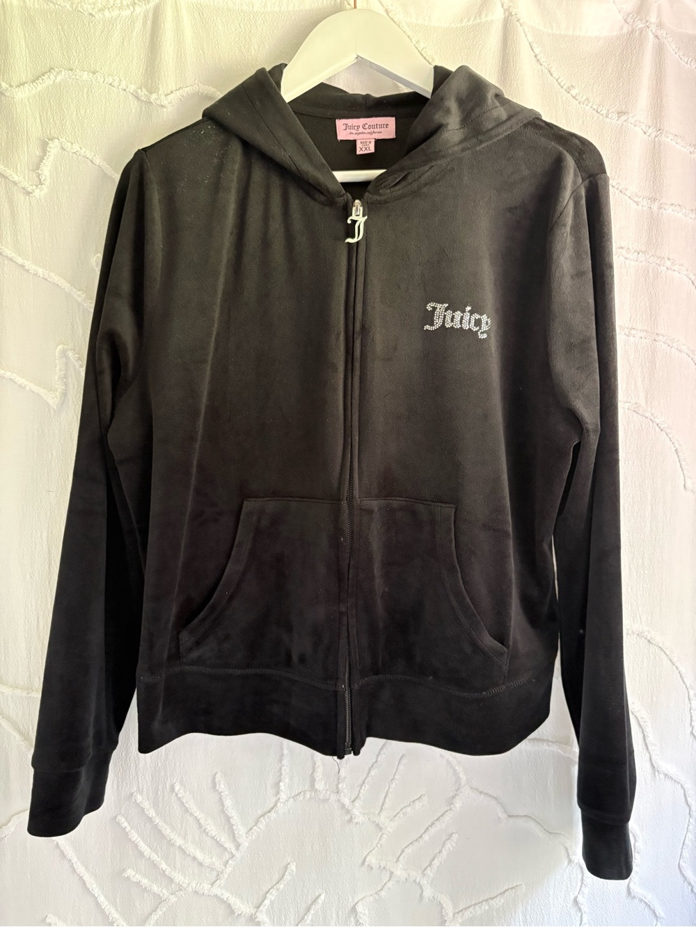 Juicy Couture Velour Zip Hoodie XXL Black Rhinestone Logo Y2K Full Zip Jacket